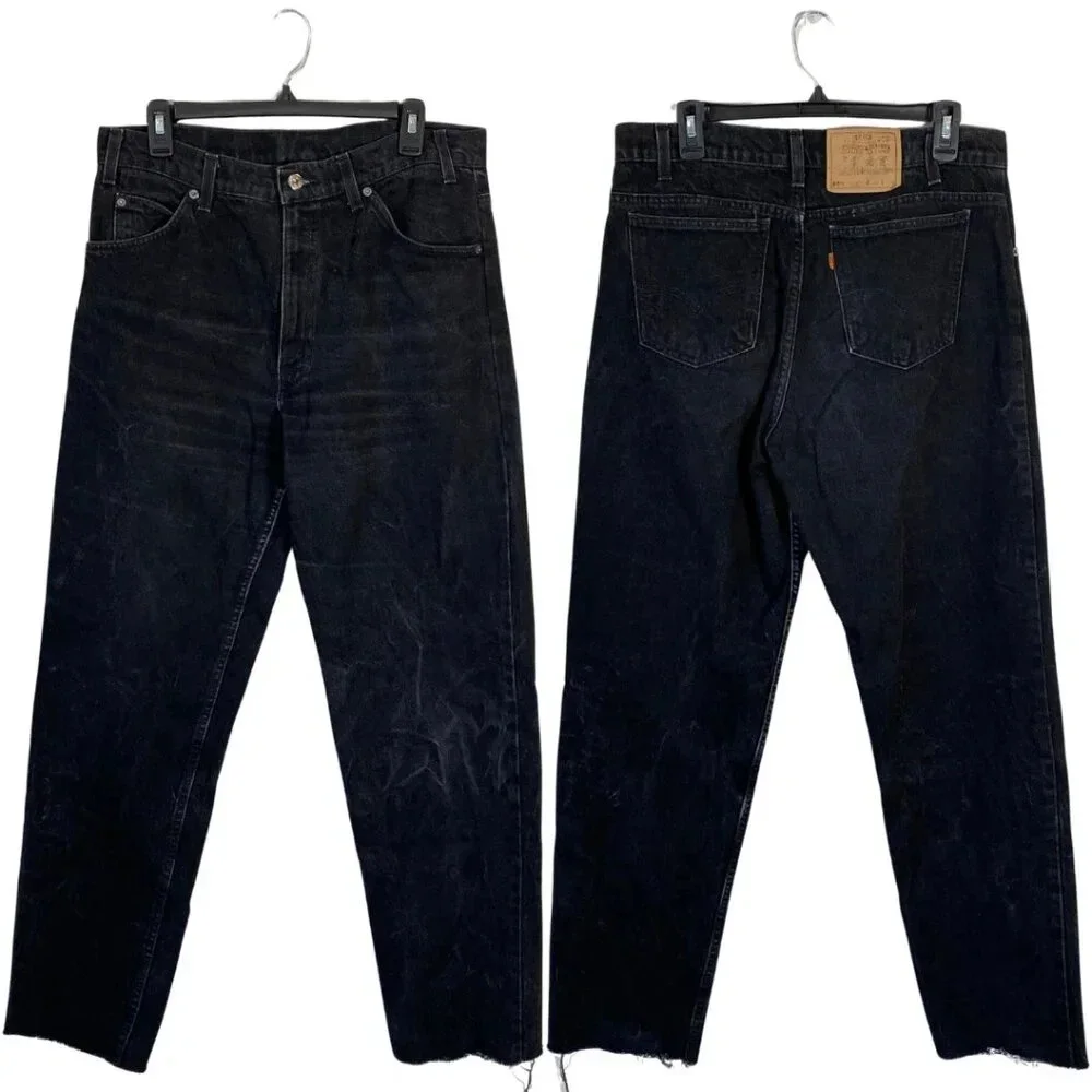 Vintage Levis 550 Orange Tab Denim Jeans Relaxed Fit Men's 34x32 Black Raw Hem